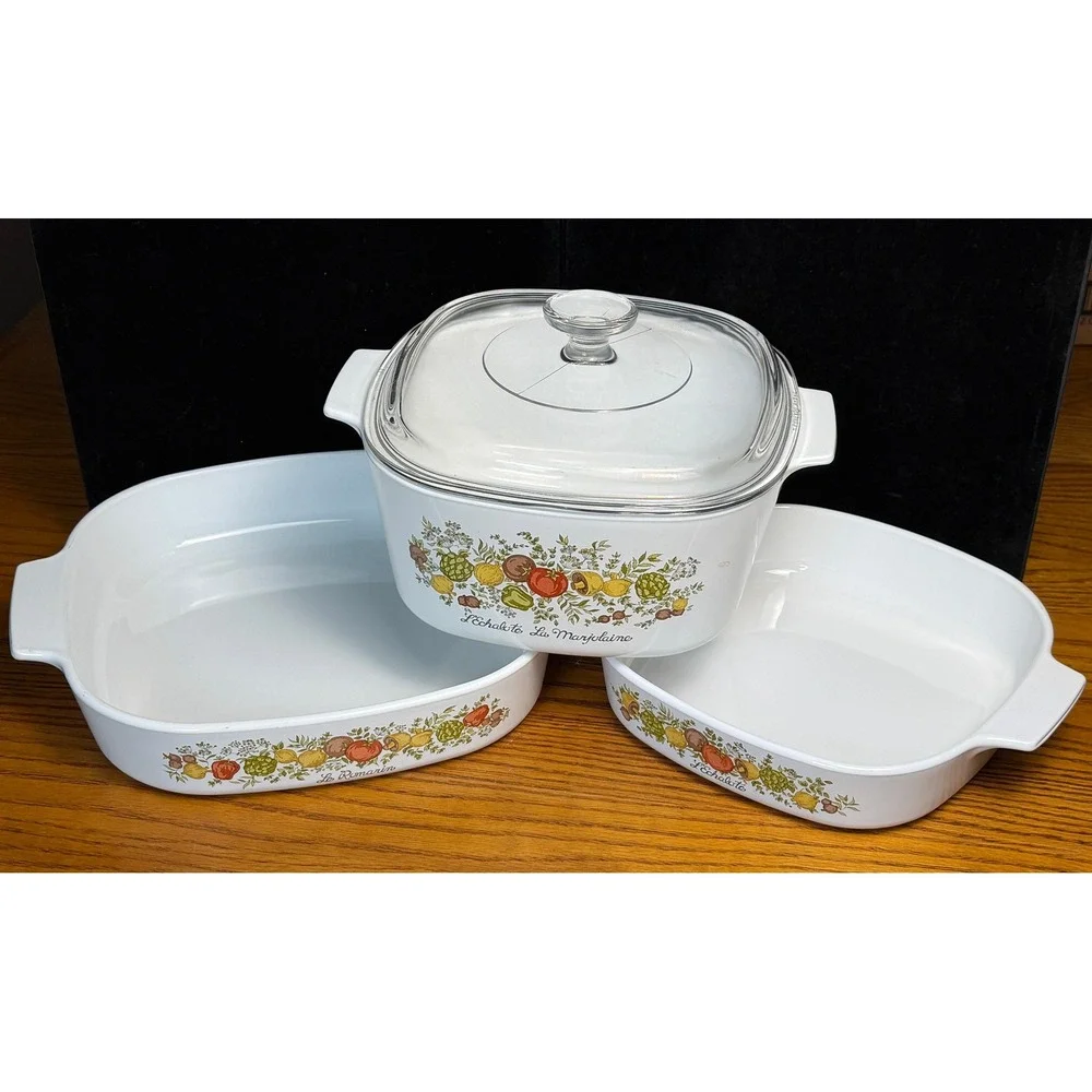 Vintage Corning Ware Spice O' Life 4 pc Set: 3qt Baker w/Lid, 10in and 8in Roast